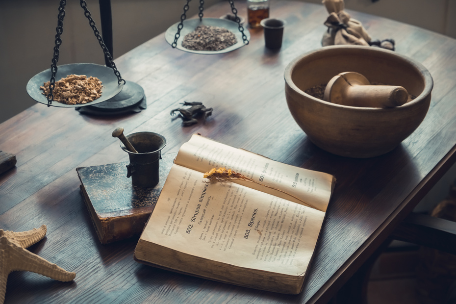 Apothecary Work Table with Herbal Medicine